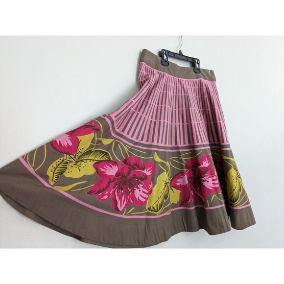 ANTHROPOLOGIE ODILLE Sz 6 Floral Tropical‎ Stripe Pink A-Line Flair Skirt EUC - Picture 4 of 8